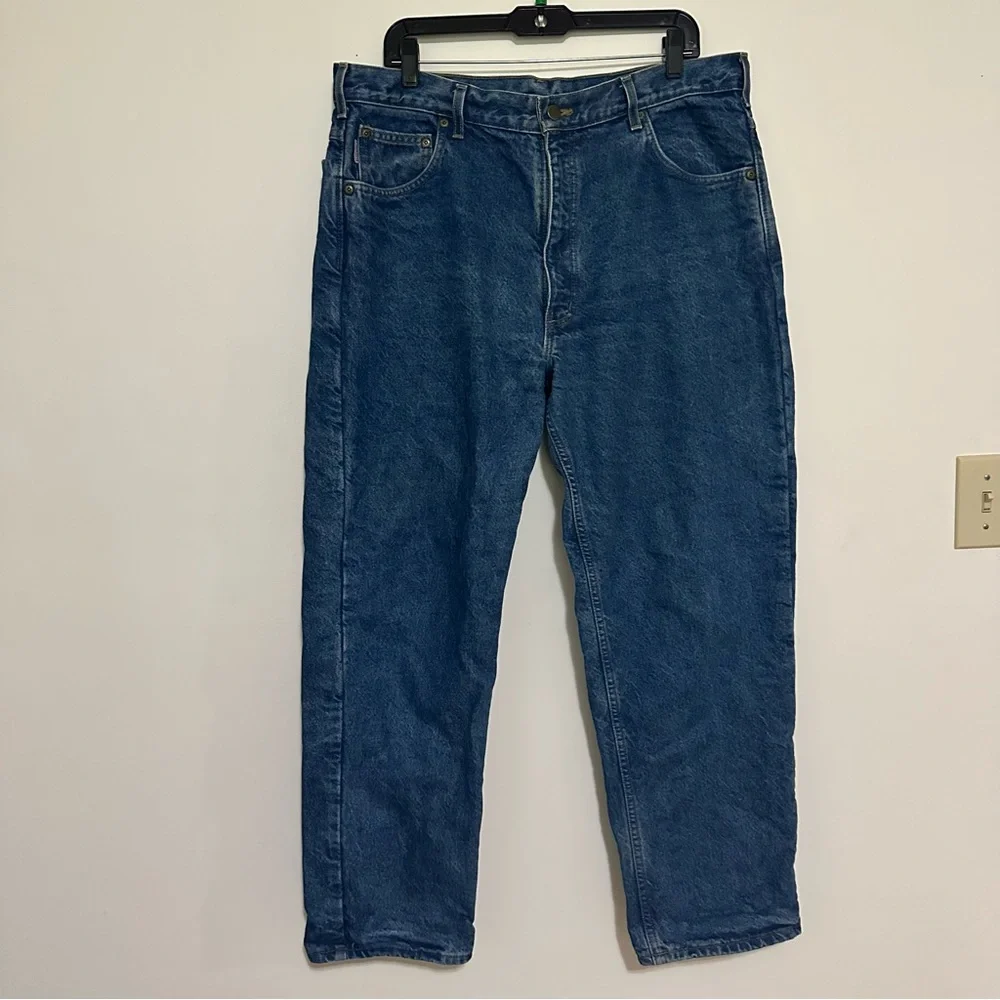 Carhartt‎ Flannel Lined Blue Jeans Mens 38x30 Regular Fit Blue Plaid Lining